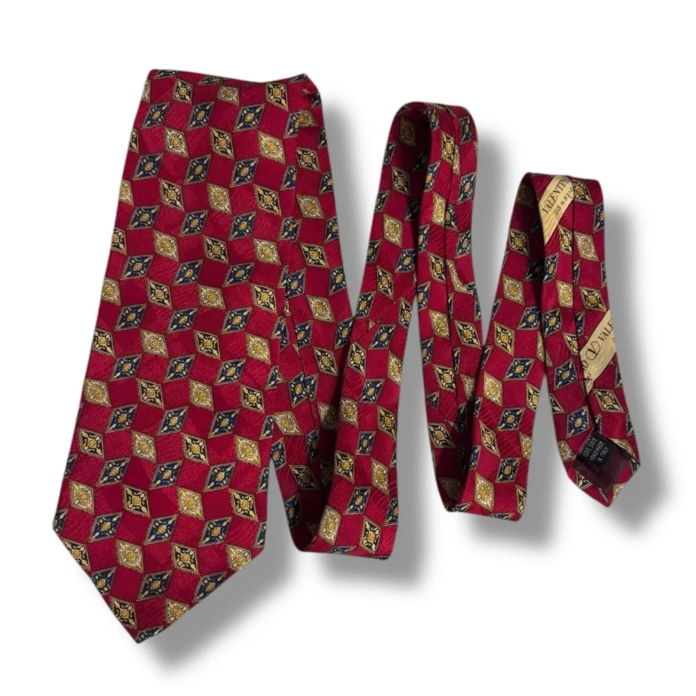 VALENTINO Red, Navy, & Gold Geometric Pattern All Silk Tie
